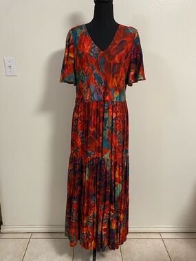 Soft Surroundings Dress Women Size Medium Printemps Red Tiered Floral Maxi Dress